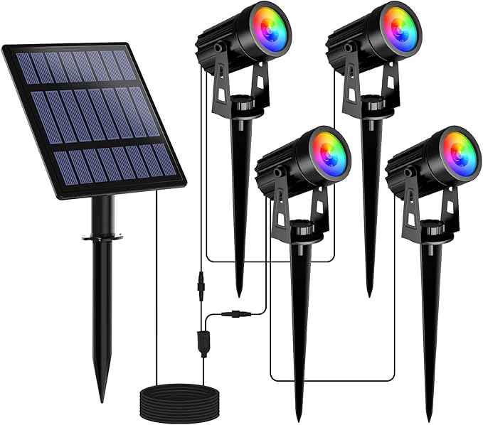 T-SUNUS RGB Solar Spot Lights Outdoor Christmas, Color Changing Landscape Spotlights Waterproof IP65 9.8ft Cable Separated Panel for Flag Patio Pathway Yard Garden Wall Halloween Holiday Decoration