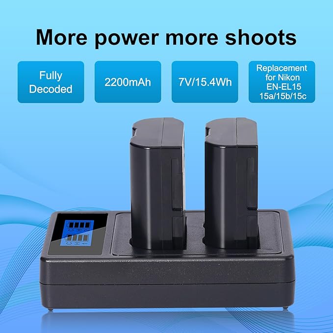 EN-EL15 2-Pack Batteries and Charger Set for Nikon Z6 z6ii Z7 z7ii Z8 D750 D850 D7000 D7500 D7100 D7200 D500 D600 D610 D800 D810 D850 Camera 2200mAh