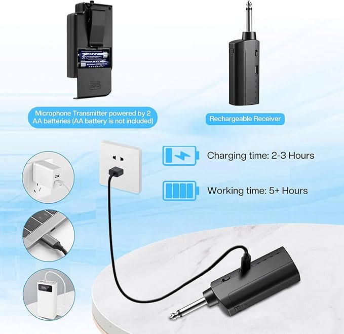 Wireless Microphone System with Headset Mic & Lavalier Lapel Mic, Portable Cordless Microphone Set, Bodypack Transmitter and Mini Receiver with 1/4'' & 1/8'' Plug, Ideal for Teaching, Speech