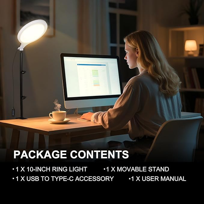 Desk Ring Light with Stand & Clamp, 10'' Dimmable Video Conference Lighting for Zoom/Teams, Streaming Light with 360° Adjustable Arm for Home Office, Podcast, YouTube, TikTok