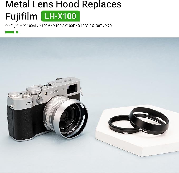 JJC Lens Hood for Fujifilm Fuji X100 X100VI X100V X100F X100S X100T X70 Cameras with 49mm Adapter Ring Replaces Fujifilm LH-X100 Lens Shade and AR-X100 Adapter Ring-Silver