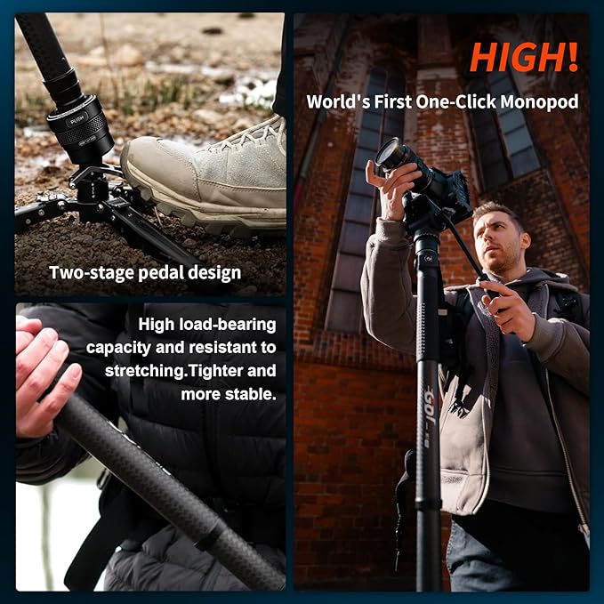 COMAN One-Click Lifting Carbon Fiber Monopod, M1 Pro Camera Monopod with Feet, 65'' Lightweight Travel Tripod with Quick Release Foot Lock for Camera, DSLR, Camcorder, Max Load 44lbs / 20kg (M1Pro)