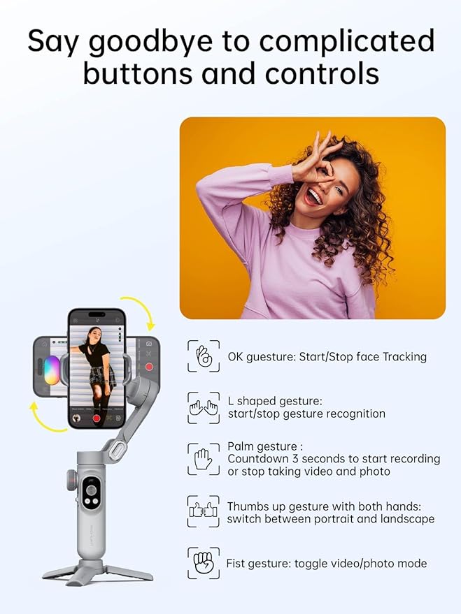 AOCHUAN iPhone Gimbal, 3-Axis Gimbal Stabilizer for Smartphone w/RGB Magnetic Fill Light Portable with Fous/Zoom Wheel for Vlog, Compatible with iPhone 15 Pro Max/Android-Smart X Pro Kit Gray