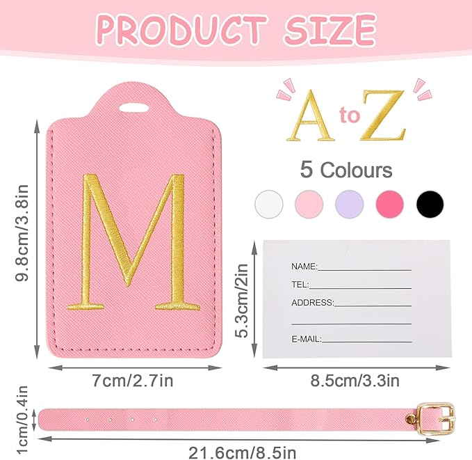 Personalized Initial Luggage Tags for Suitcases, Cute PU Leather Embroidered Letter Travel Luggage Tags, Suitcase Identifier Name Baggage Tag, Bag Tags for Men Women Kids Luggage Handbags(Pink M)