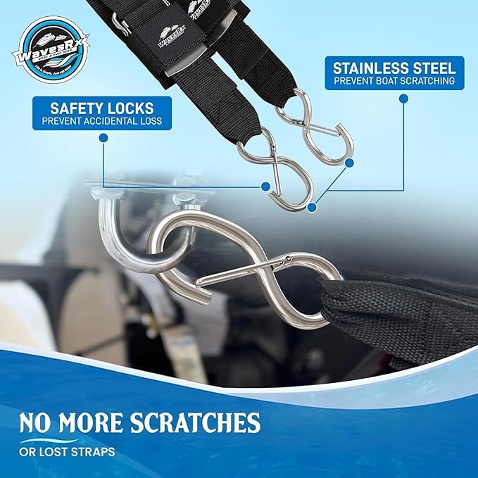 WavesRx Premium Boat & Jet Ski Trailer Transom Straps - Marine Tie Downs - Adjustable via Quick Release Buckle - Must Have Boating Accessories for Safe and Secure Transportation of Your Watercraft