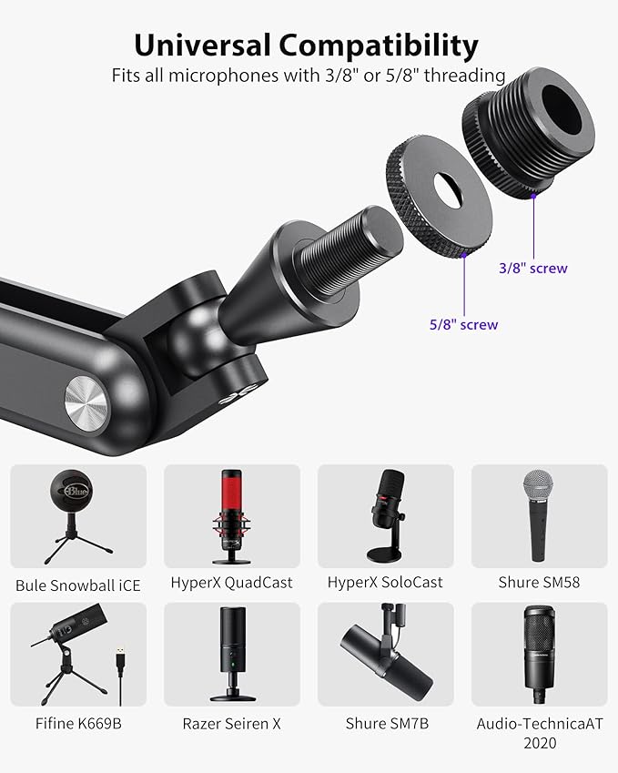KU XIU Aluminum Alloy Boom Arm Microphone Stand for Desk, Three-Section Adjustable Mic Arm Mount with Cable Management Channels for Desktop Podcasting, Recording, Streaming, Gaming, Home Office-Gray