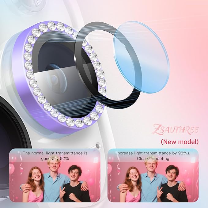Camera Lens Protector Bling Compatible for iPhone 15 Pro/15 Pro Max,9H Tempered Glass,1Step Installation Tray,HD Clear/Military Grade Shatterproof/Scratch Resistant(Diamond Light Purple)