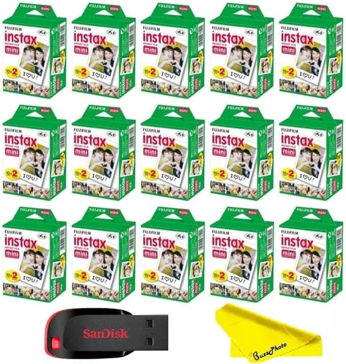 Fujifilm Instax Mini Instant Camera Film with Sandisk 32 GB USB Flash Drive + 15 x Mini Twin Packs (300 Sheets) and Buzz-Photo Microfiber Cleaning Cloth