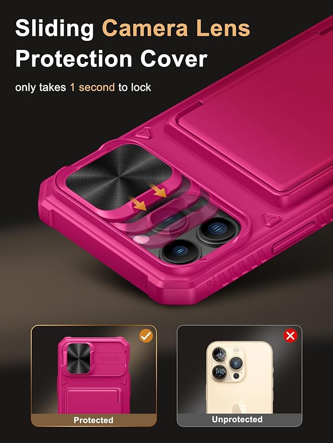 Vihibii for iPhone 13 Pro Max/iPhone 12 Pro Max Case with Card Holder (4 Cards), [RFID Blocking] & Slide Lens Camera Cover, Military Grade Drop Protection, Heavy Duty Rugged Wallet Phone Case, Pink