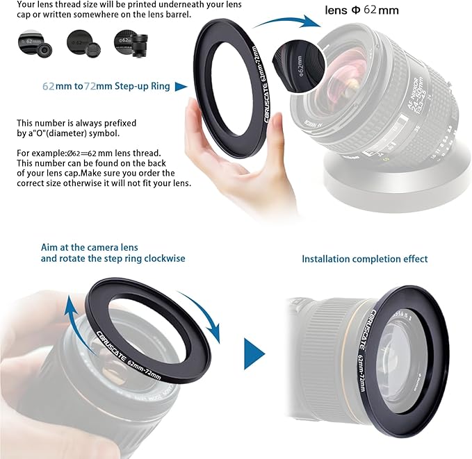 62mm to 72mm Camera Lens Adapter,Change The Filter or Lens Size from 62mm to 72mm.Compatible All 72mm Thread Filter Accessory+1pcs Lens Cleaning Cloth.