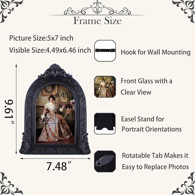 Vintage Picture Frames 5x7 Ornate Black Antique Picture Frames for Wall and Tabletop Vintage Photo Frame Victorian Home Decor Gallery Wall Decor in Arch Shape