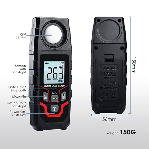 JuviPerpric Light Meter Digital Illuminance Meter, 0.1~200,000 Lux Range Bluetooth Lux Meter with Data Logging and Export, Handheld Light Meter for Plants, Photography and Garden