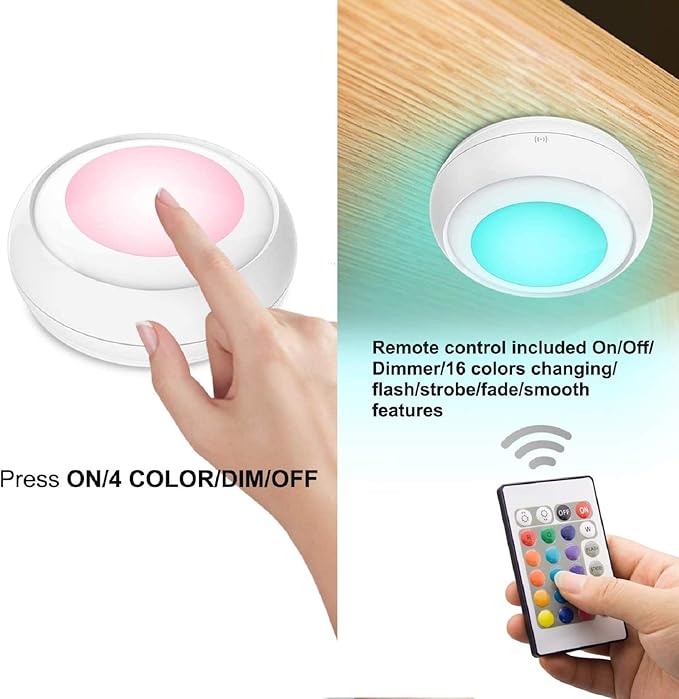 Battery LED Color Puck Lights Stick Up Push Light with Remote 16 Color Changing LED Fairy Light Wireless Tap Dimmable Under Cabinet Nightlight Battery Powered RGB -4Pack