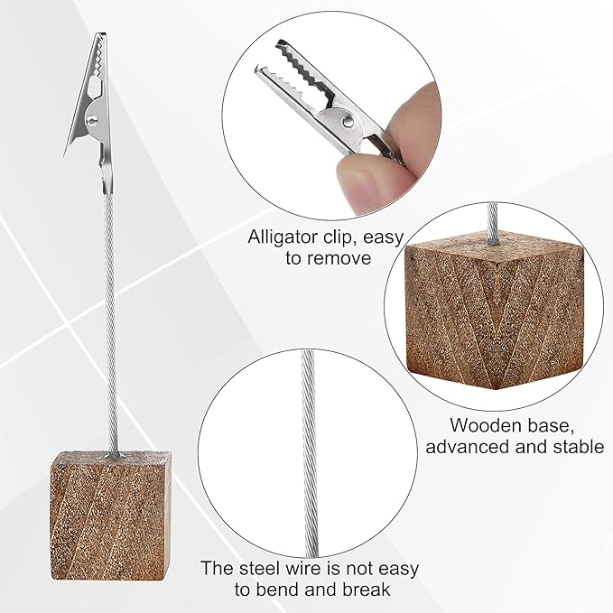 Gersoniel Cube Base Memo Clip Holder with Alligator Clip Wood Table Number Holder Cube Base Place Card Stand Mini Photo Menu Stand for Displaying Number Card(Wood Color)