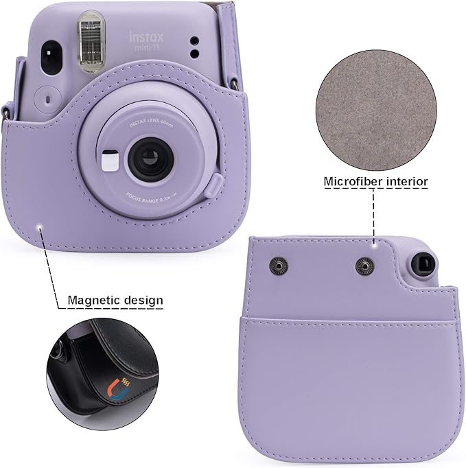 Frankmate PU Leather Camera Case Compatible with Fujifilm Instax Mini 11 12 Instant Camera with Adjustable Strap and Pocket (Purple)