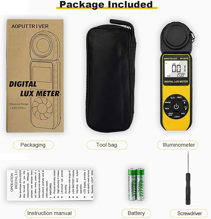 Light Meters, AP-881D Lux Meter with Ambient Temperature（℃/℉）Measurer Light 0.01~400,000 Lux (0.01~40,000 FC), Luxmeter with 270º Rotated Sensor, Back Light, Data storag for Plants LED Indoor Lights