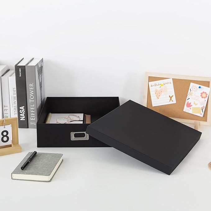 Soul & Lane Photo Storage Box with Lid, 14.8 × 13.0 × 3.7 Inches, Keepsake Memory Organizer, Cardboard Storage for Photo Albums, Scrapbooks, Artwork, Stationary, Memorabilia, Craft Supply, Black