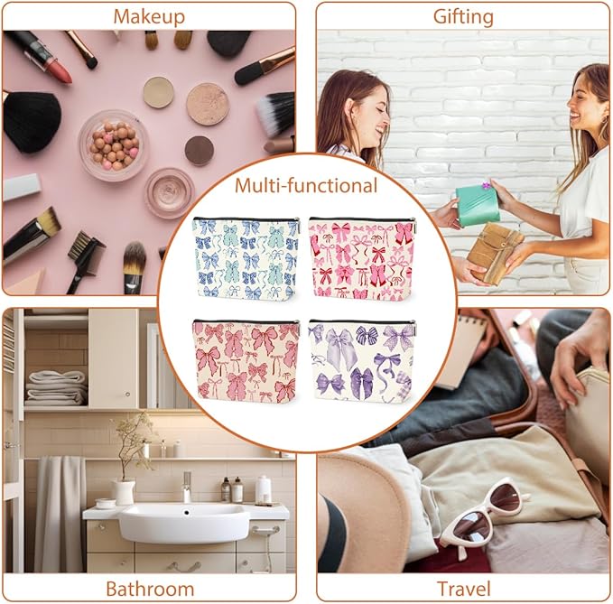 4 PCs Bow Stuff Makeup Bag Coquette Stuff Cosmetic Bag, Bow Gifts for Women Teen Girls Best Friends Daughter Coworkers, Cute Bow Stuff Christmas birthday Gifts Zipper Pouch Toiletry Bag