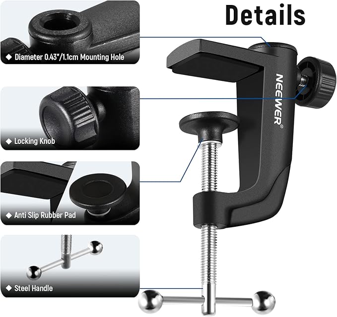 NEEWER Metal Table Mounting Clamp for Microphone Suspension Boom Scissor Arm Stand Holder with an Adjustable Positioning Screw, Fits up to 1.9inch/5centimeters Desktop Thickness (Black)