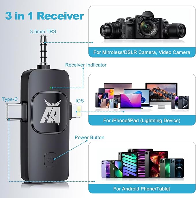 Aarkani Wireless Lavalier Microphone 3-in-1 for iPhone, Android, DSLR Camera – Dual Mic Set with Receiver (Lightning, USB-C, 3.5mm), Plug & Play for Video Recording, YouTube, Vlog, Interview