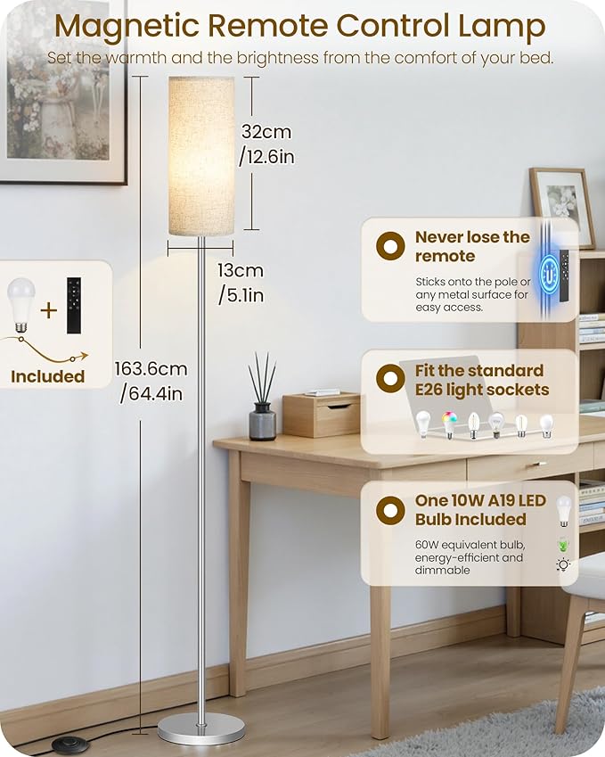 Dimmable Floor Lamps for Living Room with Remote and Foot Switch, 64.4” Modern Standing Tall Lamp, Corner Lamp for Bedroom, Office, Bulb Included, 3000K-6500K, Beige and Silver, FCC Listed SE06LD05W1