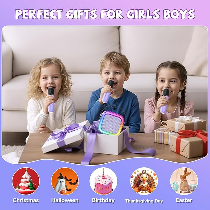 Upgraded Mini Karaoke Machine with 3 Wireless Microphones for Kids Girls Boys - Karaoke Party Speaker Christmas Birthday Gifts for 4 5 6 7 8 9 10 11+ Year Old - Kids' Instrument Accessories - Purple