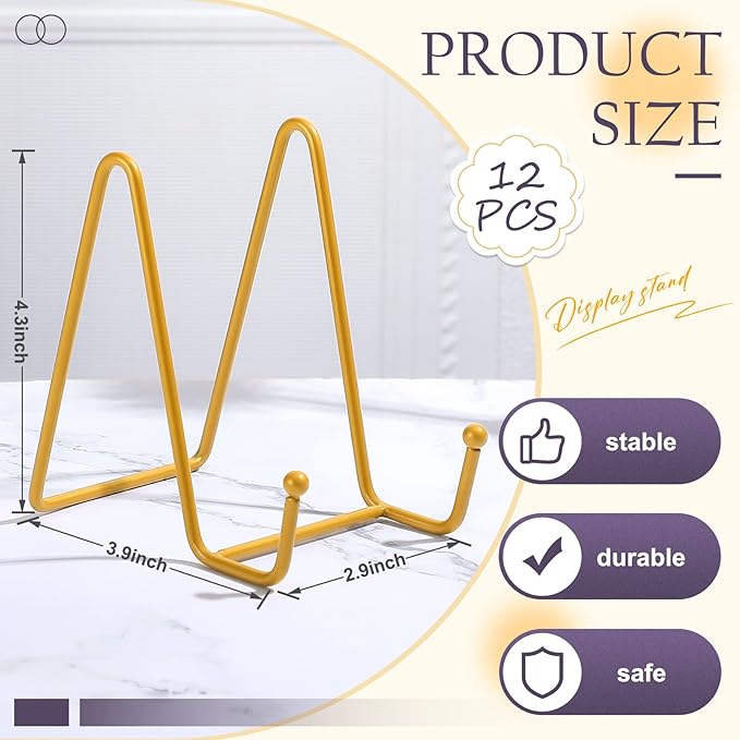 Mixweer 12 Pcs Book Stands for Display Metal Picture Frame Stand Book Plate Picture Holder Easels Photo Holder for Decorative Display(4.3 Inch,Gold)