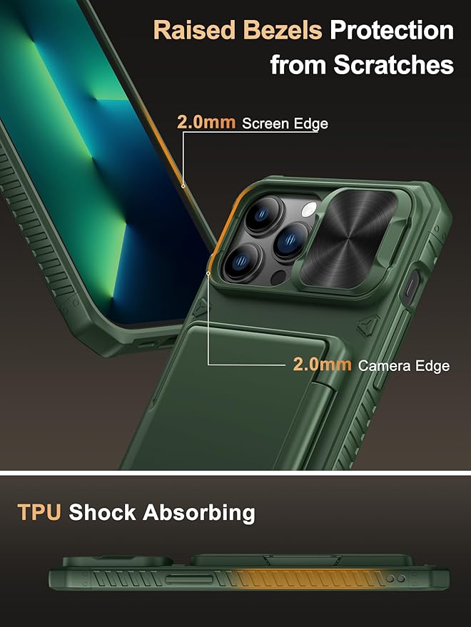 Vihibii for iPhone 13 Pro Max/iPhone 12 Pro Max Wallet Case, Built-in Card Holder (4 Cards), [RFID Blocking] & Slide Camera Cover, Military Grade Drop Protection, Silicone Soft Edge Phone Case, Green