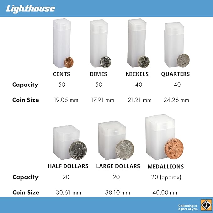 LIGHTHOUSE - Square Coin Tubes - Convenient Push Top, Virtually Unbreakable, Acid Free and Archival Quality - Coin Tubes for US Nickels, 10 Pack