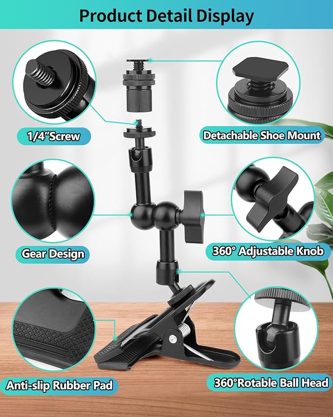 Super Clamp Camera Clamp Mount 5.5“ Magic Arm with 1/4" Thread, Articulating Friction Arm Tripod Camera Mount for DSLR Camera, Video Light