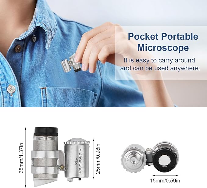 45x Magnification Mini Microscope Magnifier with 2 LED Light Pockets Jeweler Jeweler's Jewelry Microscope Magnifying Adjustable Eye Loupe