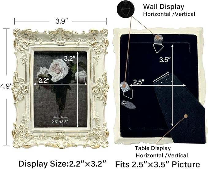 CISOO 2.5x3.5 Vintage Small Picture Frame, Antique Ornate White with Gold Wallet Size Photo Frame, for Table Top and Wall Display, Decorative Floral Design Retro Home Decor, Photo Gallery Art