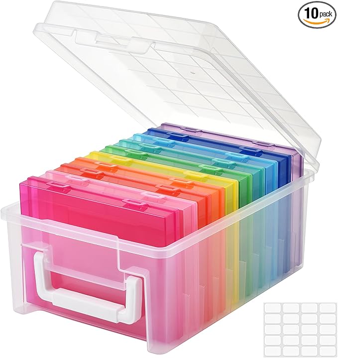 ALINK Photo Storage Box 5 x 7 In Photo Case, 10 Inner Large Photo Keeper, Photo Storage Container, Seed Craft Cards Pictures Organizer, Plastic Office Organizer with Sticker - Colored