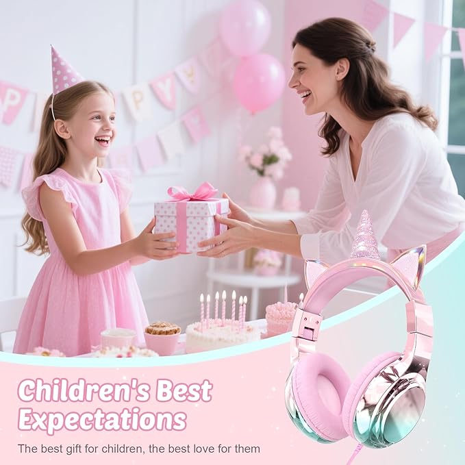 QearFun Kids Unicorn Headphones with USB C for Girls with Microphone, 85/94dB Safe Volume Limiter, Tangle-Free Cord, Share Port, Foldable Sparkly Wired Headset for School, Travel, Tablet, iPad