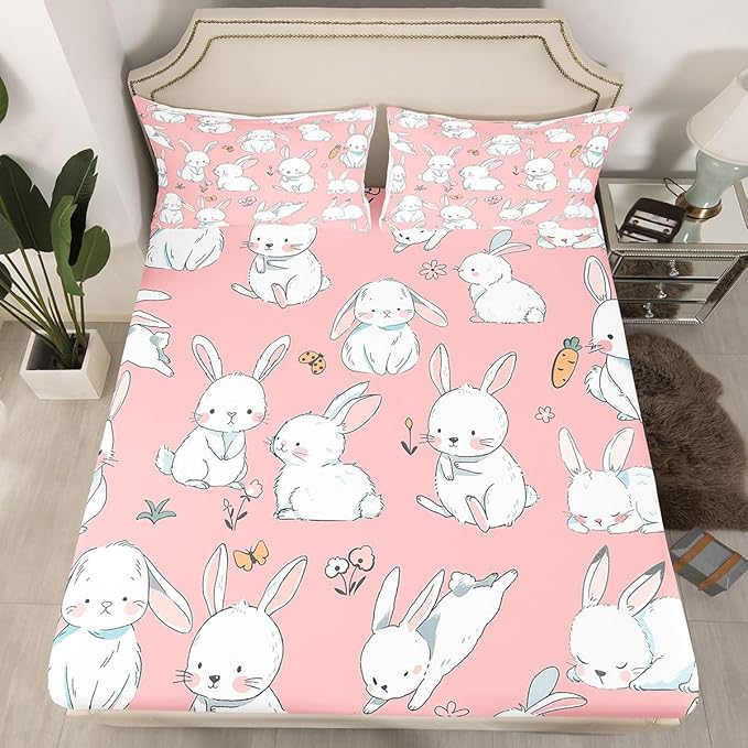 Erosebridal Cute Rabbit Sheet Set Cartoon Bunny Rabbit Pink Fitted Sheet Groovy Flowers Print Bed Sheets Easter Decor Flat Sheet for Kids Boys Girls Queen Size with 2 Pillowcases