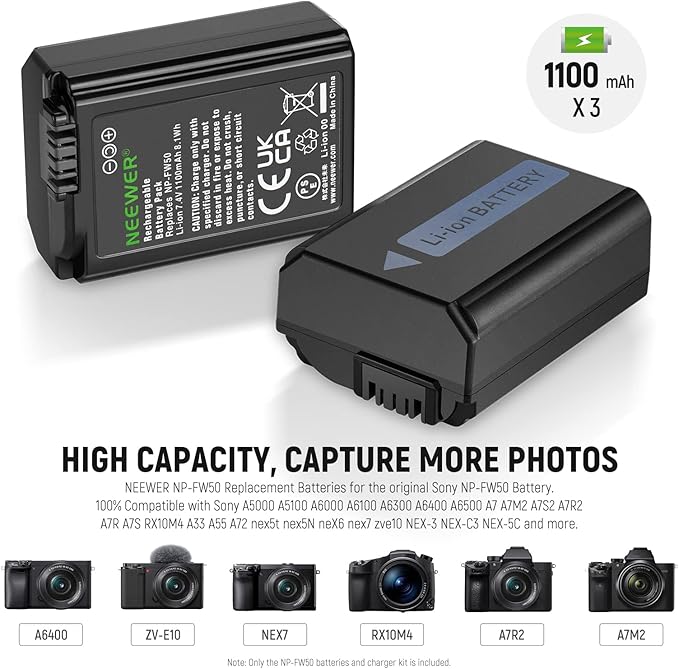 NEEWER Replacement Battery and Charger Set for NP-FW50, 3 Pack 1100mAh Batteries and Triple Slot USB Charger Compatible with Sony ZV-E10 A7 A7R A7RII A7II A7SII A7S A7RII A6300 A6400 A6500 RX10