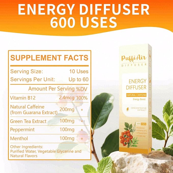 PUFFIAIR Energy Herbal Diffuser Pen – Caffeine Herbal Diffuser Pen for Energy & Focus with Guarana, Green Tea, Peppermint & Menthol – Energy Diffuser with 600 Uses, 1 Stick