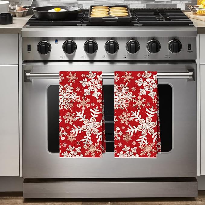 Artoid Mode Red Snowflakes Winter Kitchen Towels, 18x26 Inch Quick Dry Microfiber Cloth Dish Towels for Kitchen Drying Set of 2