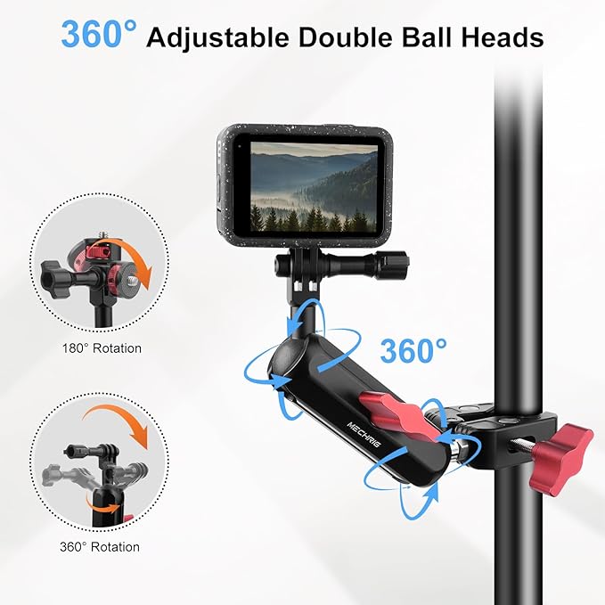 Camera Mount Super Clamp, Double Ballhead Magic Arm Clamp for GoPrO/Pocket 3 /lnsta360 X3 X4 /DSLR/Monitor/LED Light/Flash/Microphone,360°Rotating & 1/4”Screw & CNC Ebike Handlebar Clip Kit, JC008