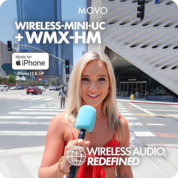 Movo Wireless Mini UC Ultra Compact Wireless Lavalier Microphone for iPhone 15/16/17 and up with WMX-HM Handheld Adapter - Lapel Mic with Handle Mount for Content Creators, Interviews, Reporting