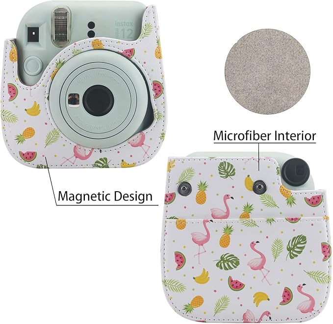 Frankmate Protective Case Compatible with Fujifilm Instax Mini 12 11 9 8 Instant Film Camera with Pocket and Adjustable Strap (Fruit Flamingo)