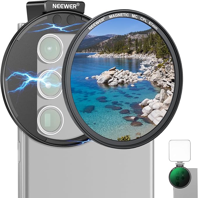 NEEWER 67mm Magnetic CPL Filter, Circular Polarizing Filter with Cold Shoe Phone Camera Lens Clip, Photography Accessories Compatible with iPhone 17 16 Android Samsung Galaxy S35 Ultra