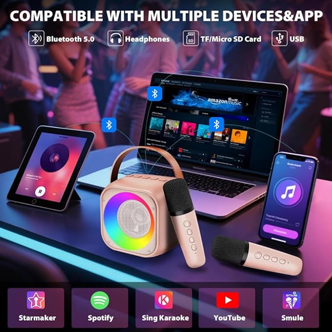 Mini Karaoke Machine for Kids,Birthday Gifts for 3-12 Year Old Girls and Boys, Portable MP3 Player with 2 Wireless Mics for Party,Pink