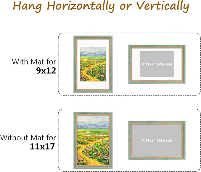 Golden State Art,11x17 Ornate Picture Frame for 9x12 Photo With Mat or 11 x 17 Prints Without Mat, Real Glass Wall Display Horizontally or Vertically (Color:Distressed Blue Gold)