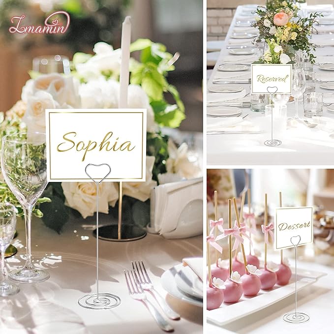 IMAMIN 16pcs Place Card Holders, 8.75 Inches Tall Table Number Holders, Silver Picture Holder for Tables with Heart Shaped Clip for Wedding, Photos, Food Signs, Memo Notes, Restaurant, Birthday