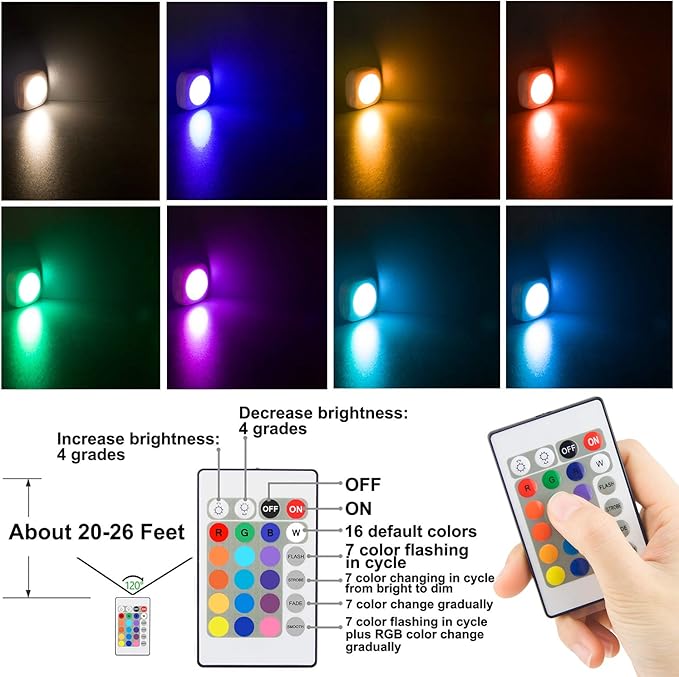 LUXSWAY Battery LED Color Lights, Puck Lights with 2 Remote,Tap Closet Lights, 16 Color Chaning RGB Light Stick to Wall, Under Shelf Lighting -4 Pack