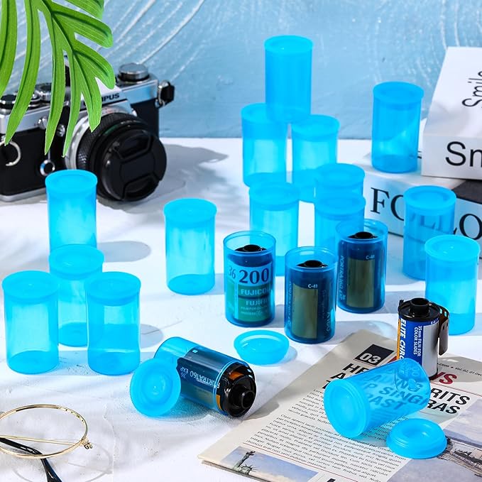 JOVITEC 30 Pack Plastic Film Canister Holder 35 mm Empty Camera Reel Containers Pill Medicine Bottles with Lids for Small Accessories, Prescription Medication, Vitamins, Coins, Art Beads(Blue)