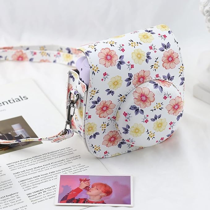 Frankmate Protective Case Compatible with Fujifilm Instax Mini 12 11 9 8 Instant Film Camera with Pocket and Adjustable Strap (Flowers White)
