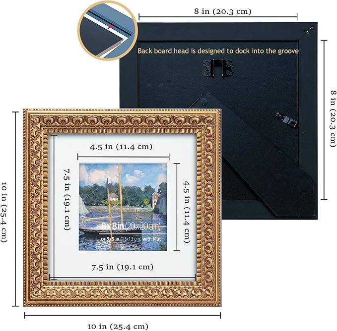 8x8 in Antique Gold Ornate Vintage Wood Picture Frame, Matted for 5x5 Photos, Real Glass Protection, Tabletop or Wall Mounting Display