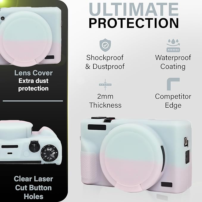 STSEETOP Camera Case Compatible with Canon PowerShot G7X Mark III - Protective Silicone DSLR Skin with Lens Cover, Detachable Cage, Shockproof, Dustproof (Jelly Pink and Green)